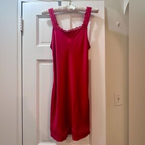 Vintage 90s OLGA Silk Red Lace Trim Slip Chemise Dress,